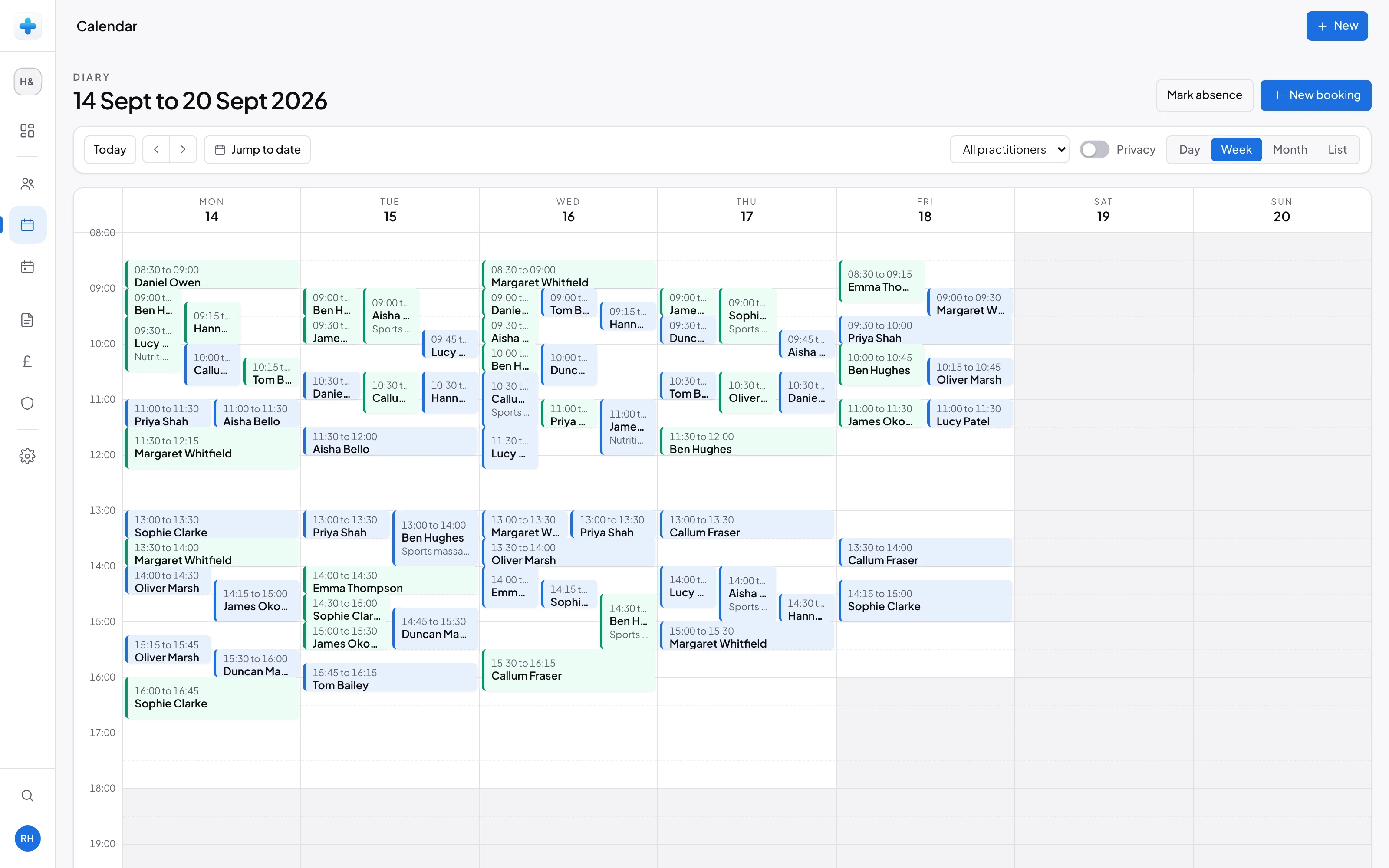 Siderina’s clinic diary in a weekly view.